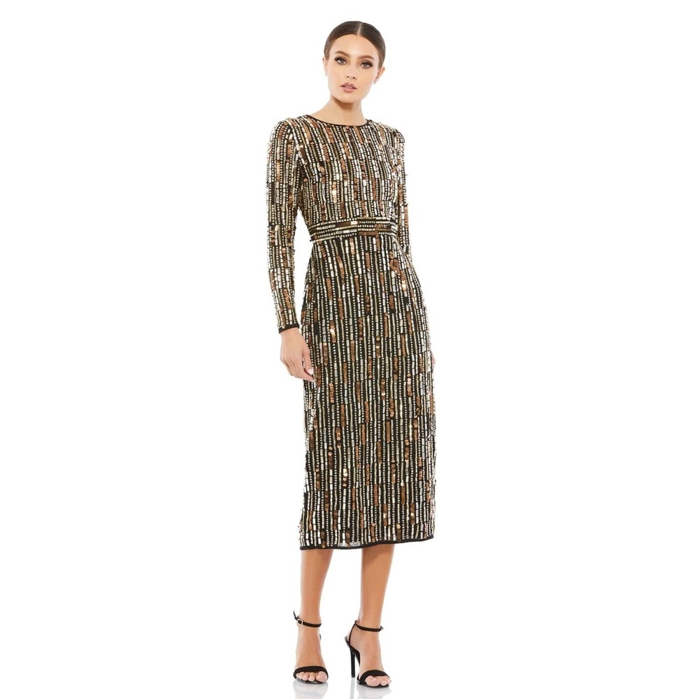 Mac Duggal 93590 Black Gold Embellished High Neck Long Sleeve Fitted Dress 2